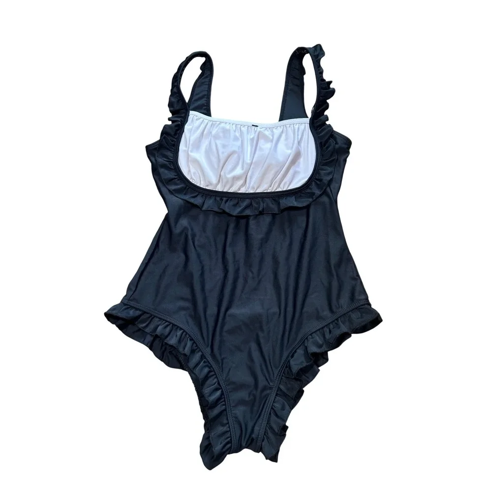 Womens Black White Ruffle Square Neck One Piece Swimsuit Coquette Chic Retro M